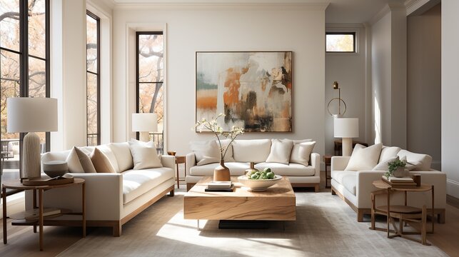 This modern, minimal living room with white furniture, a statement painting, cozy cushions, and natural light creates a calming, inviting atmosphere that is perfect for relaxing in the home comfort