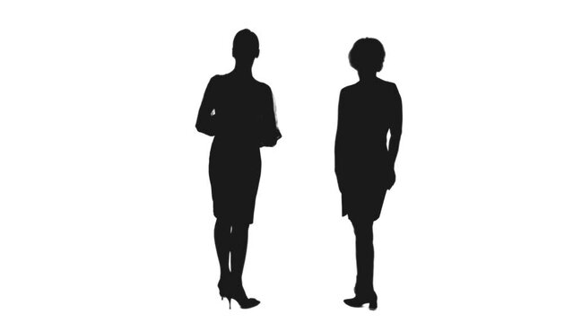 Black and white silhouette of two women in dresses standing looking at something and chatting, Back view, Full HD footage with alpha transparency channel isolated on white background