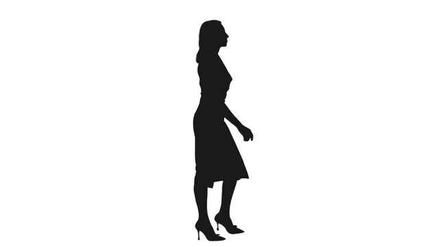 Black and white silhouette of elegant business woman walking in dress and heels, Side view, Full HD footage with alpha transparency channel isolated on white background