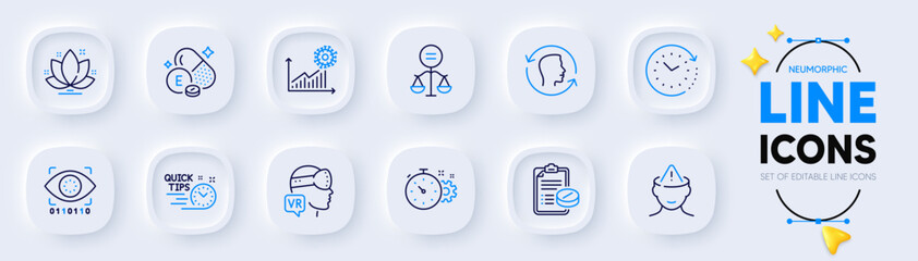 Cogwheel timer, Ethics and Medical prescription line icons for web app. Pack of Time change, Mental health, Vitamin e pictogram icons. Artificial intelligence, Augmented reality. Vector