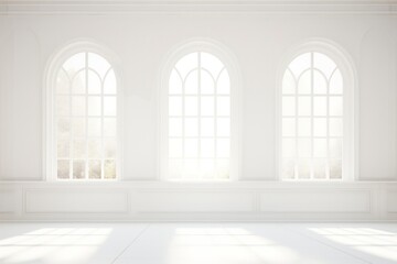 Minimalist white empty room with natural light shining through big contemporary modern windows