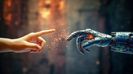 Fototapeta AI creation, human touching the index finger of a robot, generative ai obraz