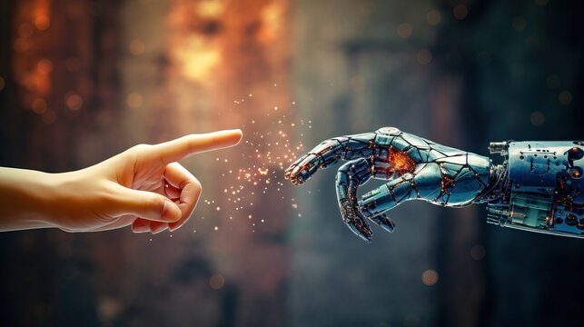 AI creation, human touching the index finger of a robot, generative ai