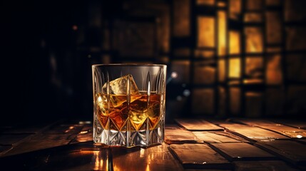 Whiskey Ounder Rock Placed on a wooden table, black background, full glass of needled water, in a bar