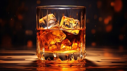 Whiskey Ounder Rock Placed on a wooden table, black background, full glass of needled water, in a bar
