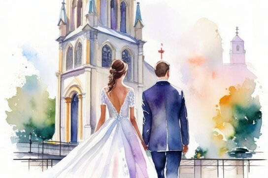 Watercolor picture. The newlyweds walk hand in hand to the wedding ceremony at the church.generative AI