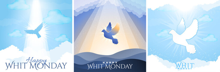 Whit Monday greeting card set. Beautiful Dove on heavenly sky with clouds and Whit Monday Serif Text greeting. Dove silhouette for religious holiday. Vector Illustration.

