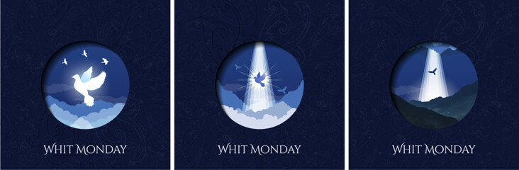 Whit Monday greeting card set. Beautiful Dove on heavenly sky with clouds and Whit Monday Serif Text greeting. Dove silhouette for religious holiday. Whit Monday icon. Vector Illustration. 
