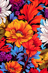 Bright wild flowers and leaves of different colors on a dark background