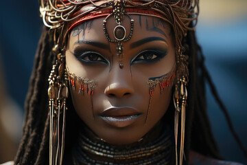 A dramatic portrait of a Maasai woman with beaded accessories and traditional clothing - obrazy, fototapety, plakaty