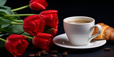 Fototapeta na wymiar Cup of coffee and croissant. Festive breakfast with a bouquet of red roses 