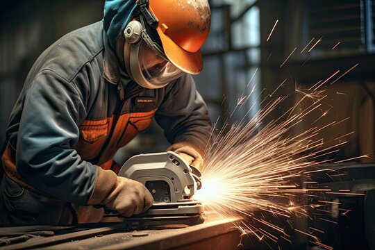 male worker using grinder to cut and shape a piece of metal