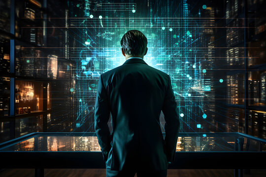 businessman standing facing an abstract hologram data display, future technology concept