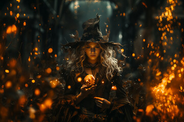witch in gothic dress makes casting fire spell in old castle. Halloween concept