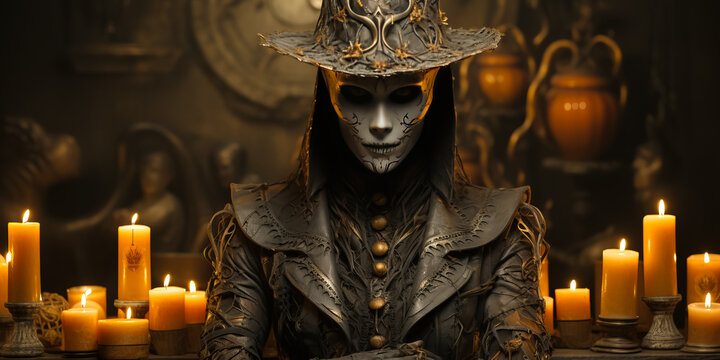 A creepy wizard man or hunter witches on palace background. halloween theme. fairytale