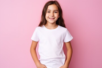 Young Girl Wearing White T-Shirt Against Pink Backdrop