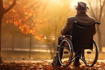 Elderly Man Enjoying Autumn Park in Wheelchair Surrounded by Leaves