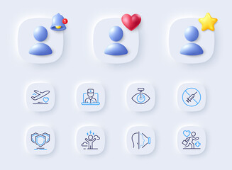 No vaccine, Face id and Shields line icons. Placeholder with 3d bell, star, heart. Pack of Telemedicine, Difficult stress, Eye laser icon. Medical flight, Patient pictogram. Vector