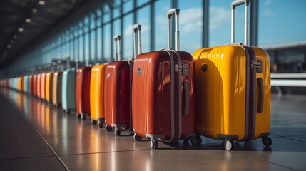 Luggage suitcase in airport with airplane. Generative ai