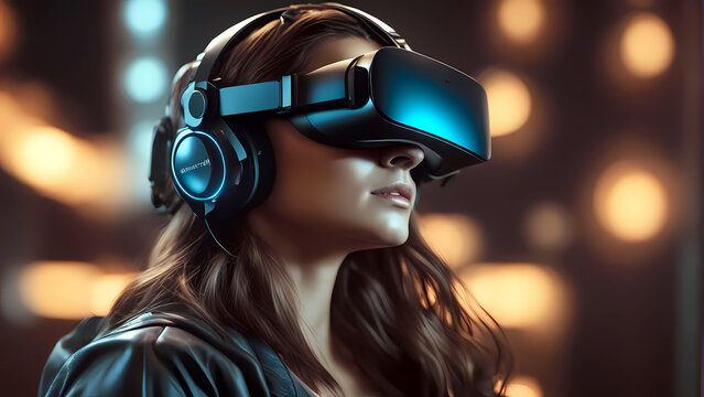 Frau mit Headset erlebt das virtuelle Spiel fast, wie in Wirklichkeit. ai generierte Illustration