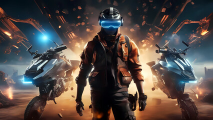 Fototapeta premium Mann mit Headset erlebt das virtuelle Spiel fast, wie in Wirklichkeit. Kopfkino