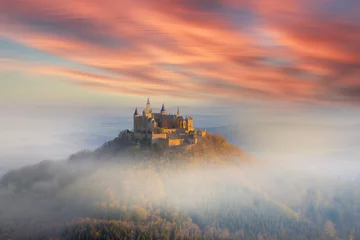 Papier Peint photo Violet pâle German Castle Hohenzollern over the Clouds