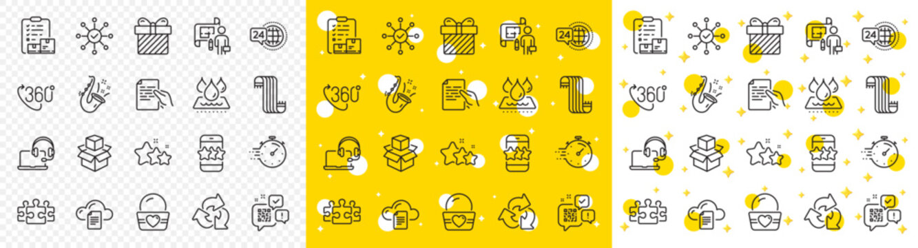 Outline 360 degree, Star and Scarf line icons pack for web with Survey check, Packing boxes, File storage line icon. Qr code, Consult, Ice cream pictogram icon. Recycle, Stars, 24h service. Vector
