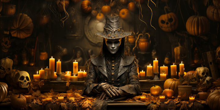 A creepy wizard man or hunter witches on palace background. halloween theme. fairytale