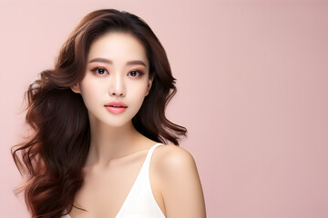 Beautiful and cute young Asian model with bright clean skin on isolated background. Face care, Facial treatment, Cosmetology, beauty and spa, luxury product advertisement, Generative AI