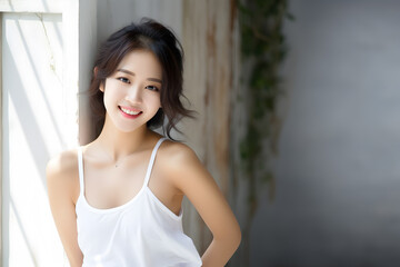 Beautiful and cute young Asian model with smiling face and bright clean skin, Beauty asian, Generative AI