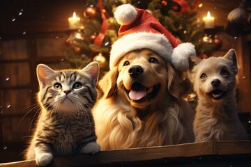 dog and cat dressed in Santa outfits gathered around a beautifully Christmas tree - obrazy, fototapety, plakaty