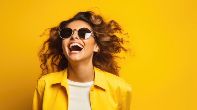 cheerful and funny happy woman in vivid shine yellow background, Generative AI