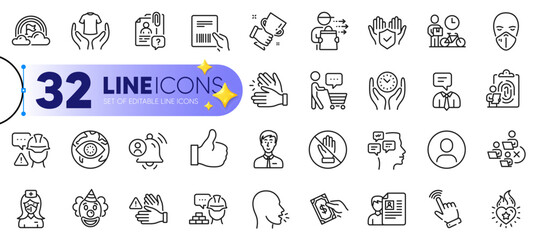 Outline set of Remove team, Fingerprint and Builder warning line icons for web with Cough, Buyer think, Medical mask thin icon. Like, Cursor, Businessman person pictogram icon. Lgbt. Vector