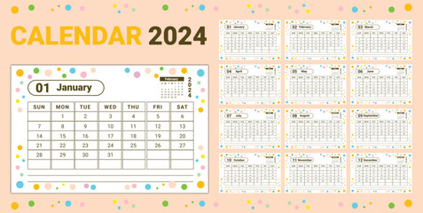Kids 2024 calendar design elegant light theme vector template