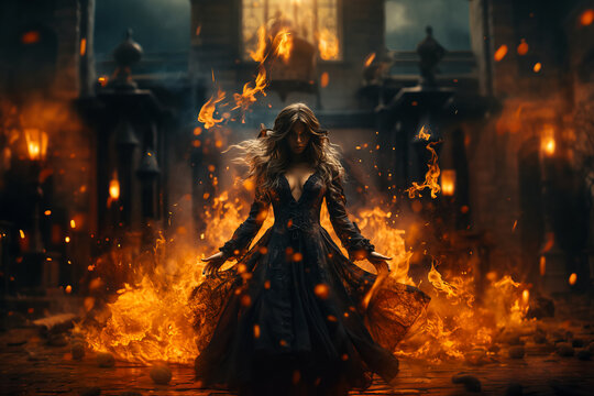 witch in gothic dress makes casting fire spell in old castle. Halloween concept