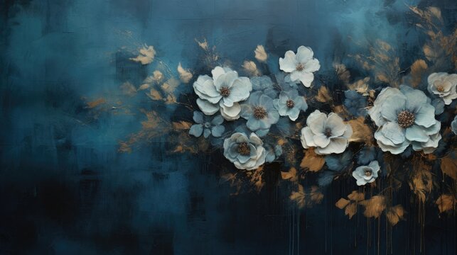  blue painted flowers on dark moody background
