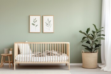 Wooden baby bed in children bedroom, sage green wall with posters.