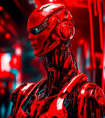 Fototapeta na wymiar Ai generated illustration of red military futuristic ai humanoid robot cyborg 