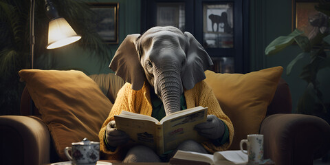  Elephant reading book on sofa with lamp The Bookworm Elephant A Cute Elephant Reading a Book  - obrazy, fototapety, plakaty
