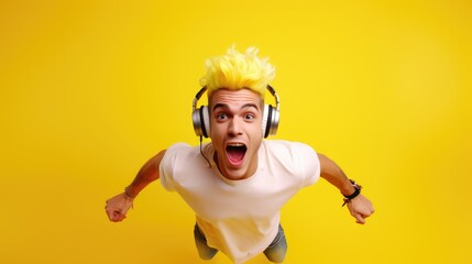 colorful hair young funny man wearing wireless blue headphones and colorful shirt and jummping on yellow background, Generative AI