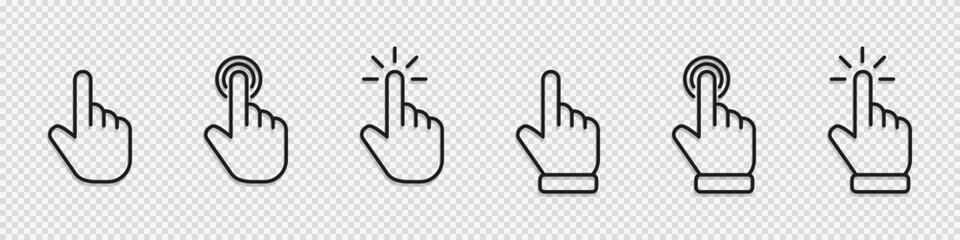Hand cursor icon. Click hand mouse pointer. Finger tap vector sign. Click button symbol.