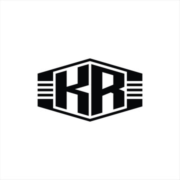 recommend clip art: KR Letter Logo monogram hexagon emblem shape with stripes outline style design