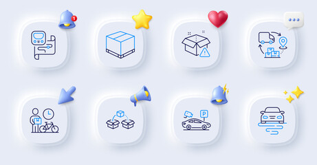 Supply chain, Delivery box and Bike courier line icons. Buttons with 3d bell, chat speech, cursor. Pack of Parcel shipping, Delivery warning, Route icon. Parking security, Metro map pictogram. Vector