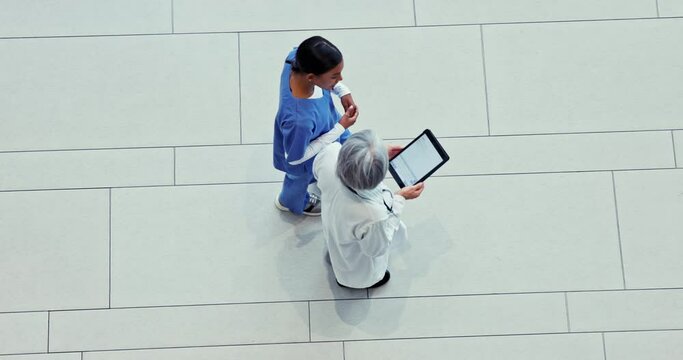 Doctors, planning and tablet for hospital or medical information, online charts and research results or solution above. Nurse, mentor or people on digital technology, walking and teamwork in clinic