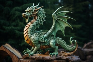 Obraz premium Green wooden dragon as a symbol of the 2024 year. Fantasy style.
