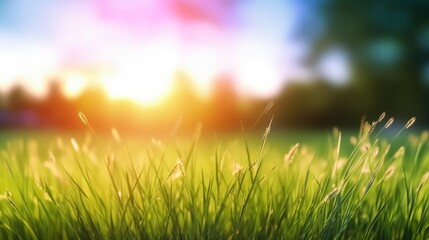 Obraz premium green grass with defocused blur sunny background with trees