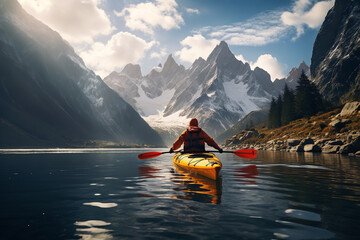 Majestic mountain ranges overlook a peaceful alpine lake where a solitary kayaker enjoys the vastness of untouched nature - obrazy, fototapety, plakaty