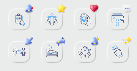 Checklist, Cursor and Sleep line icons. Buttons with 3d bell, chat speech, cursor. Pack of Delivery app, Wallet, Teamwork business icon. Ethics, Timer pictogram. For web app, printing. Vector