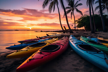  A picturesque collection of colorful kayaks piled up on a sandy beach, with twilight hues painting the horizon