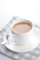 hot cocoa chocolate, milk tea, milk coffee kopi mocha latte cappuccino in white cup on grey cloth white background asian beverage halal food drink menu for hotel bar